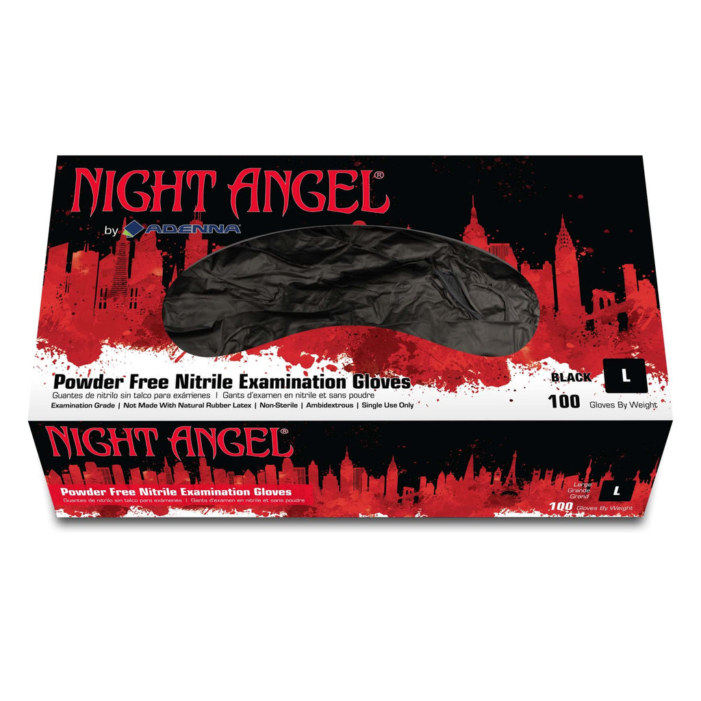 Adenna Night Angel Disposable Nitrile Gloves – 4 Mil, Powder Free Rubber Glove for Tattoo & Medical Use, Latex-Free, Tactile Sensitivity with Textured Grip, Case of 1000, Large, Black