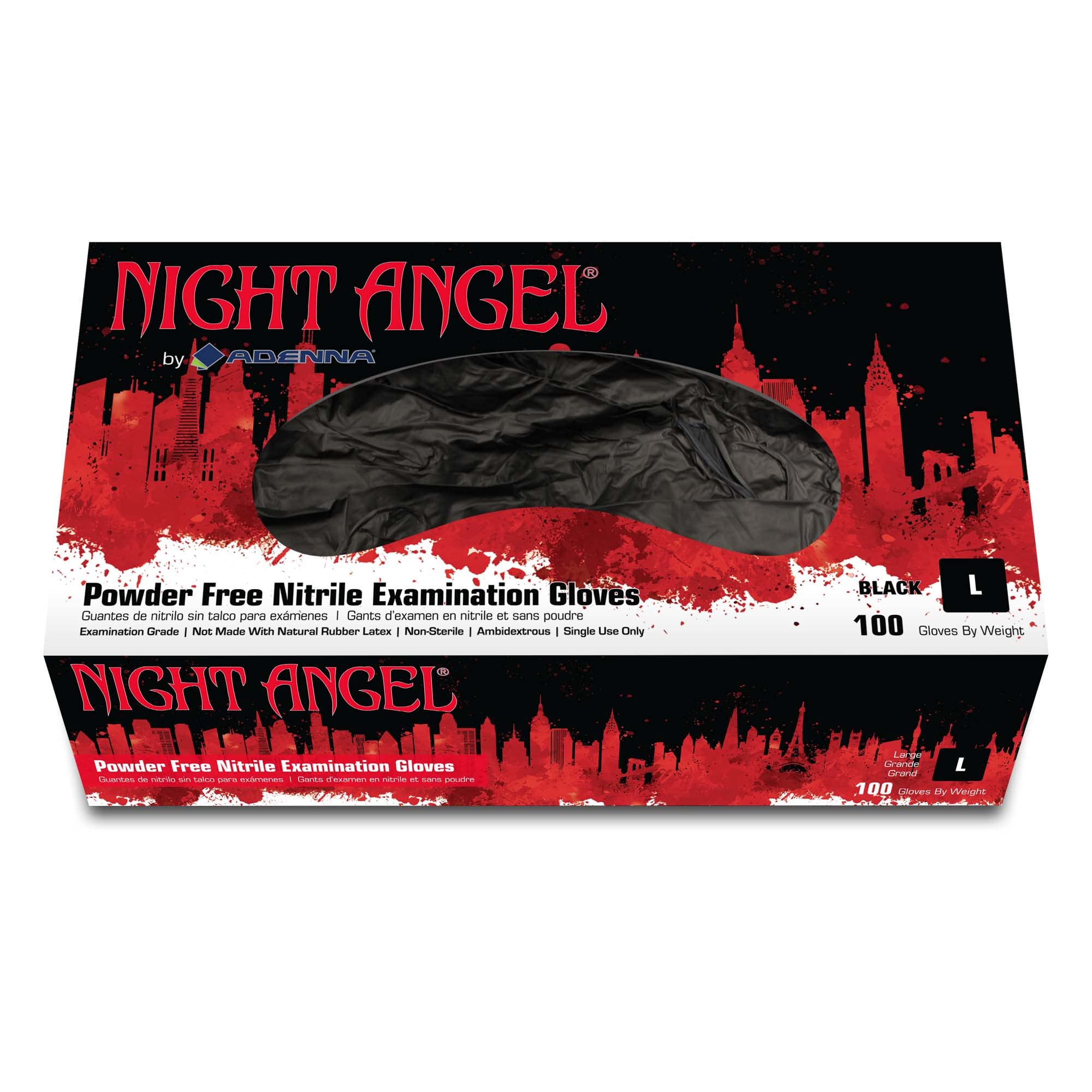 Adenna Night Angel Disposable Nitrile Gloves – 4 Mil, Powder Free Rubber Glove for Tattoo & Medical Use, Latex-Free, Tactile Sensitivity with Textured Grip, Case of 1000, Large, Black
