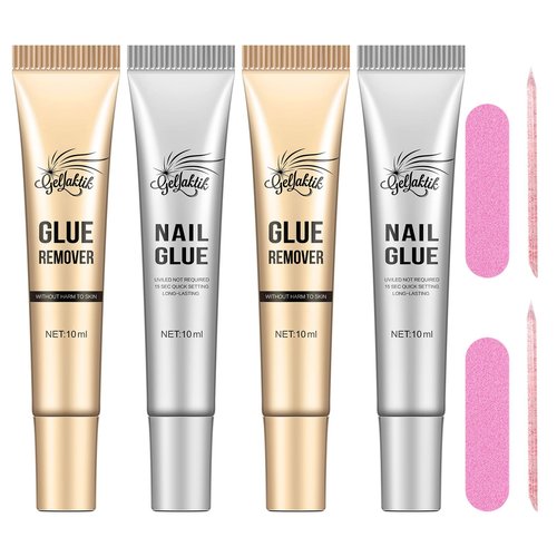 Gellaktik 10g*2 Nail Glue With 10g*2 Nail Glue Remover for Press On, Super Strong, Quick Drying, Long Lasting Adhesive for Fake Acrylic Nails & Tips, No UV Light Needed