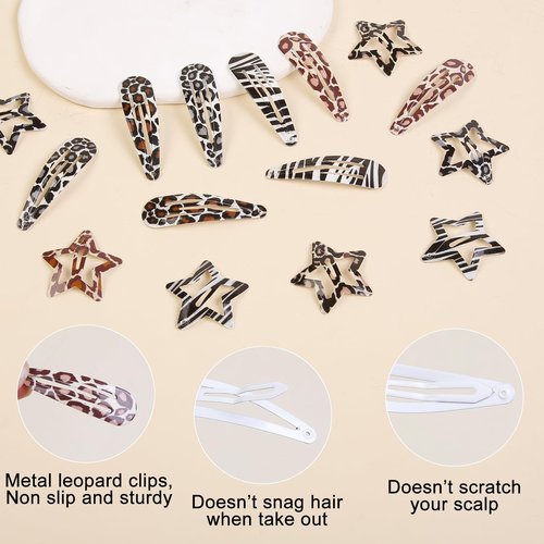 Metal Snap Hair Clips,8 Pairs Hair Barrettes for Women - Star & Water Drop Hair Barrettes, Non-Slip Y2K Accessories for Thin Thick Hair,Leopard and Zebra Print