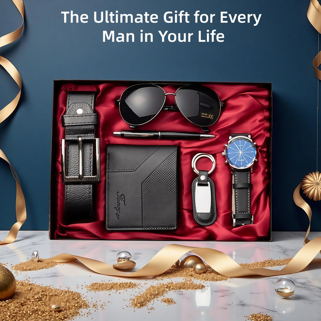 6-Piece Black Men's Set - Sunglasses, Wallet, Watch, Belt, Pen, Key Ring