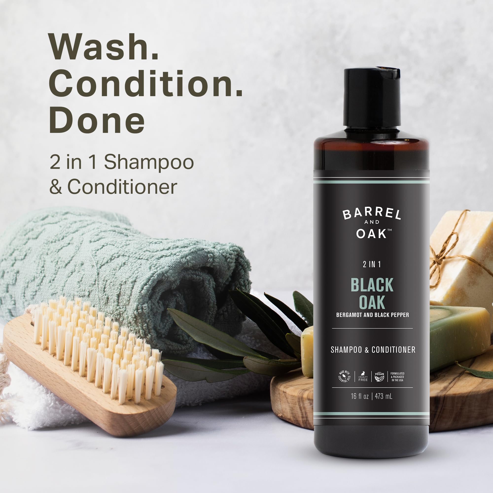Barrel & Oak 2-in-1 Men's Shampoo and Conditioner, Cleanses Hair & Scalp, Multi-Use Hair Products for Men, Vegan Shampoo and Conditioner, Black Oak, 16 oz