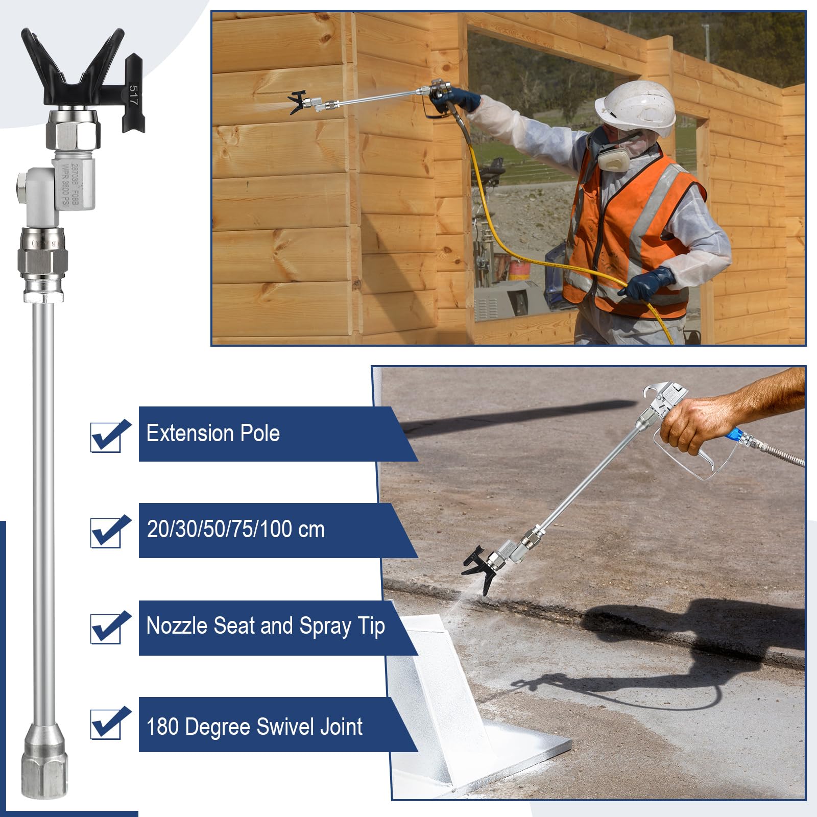 Lanties 8pcs Airless Paint Sprayer Tip Extension Pole Rod Set, Spray Gun Extension with Reversible Spray Tips, 180 Degree Swivel Joint & Nozzle Guard Protector (8,12,20,30,39in,517)