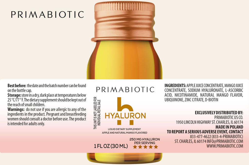 PRIMABIOTIC Hyaluronic Acid 250mg - Mango Flavor - Vegan, Deep Hydration, Anti-Aging and Skin Elasticity Support - Beauty Drink - Pack of 30 x 1 fl oz (30 mL) Bottles