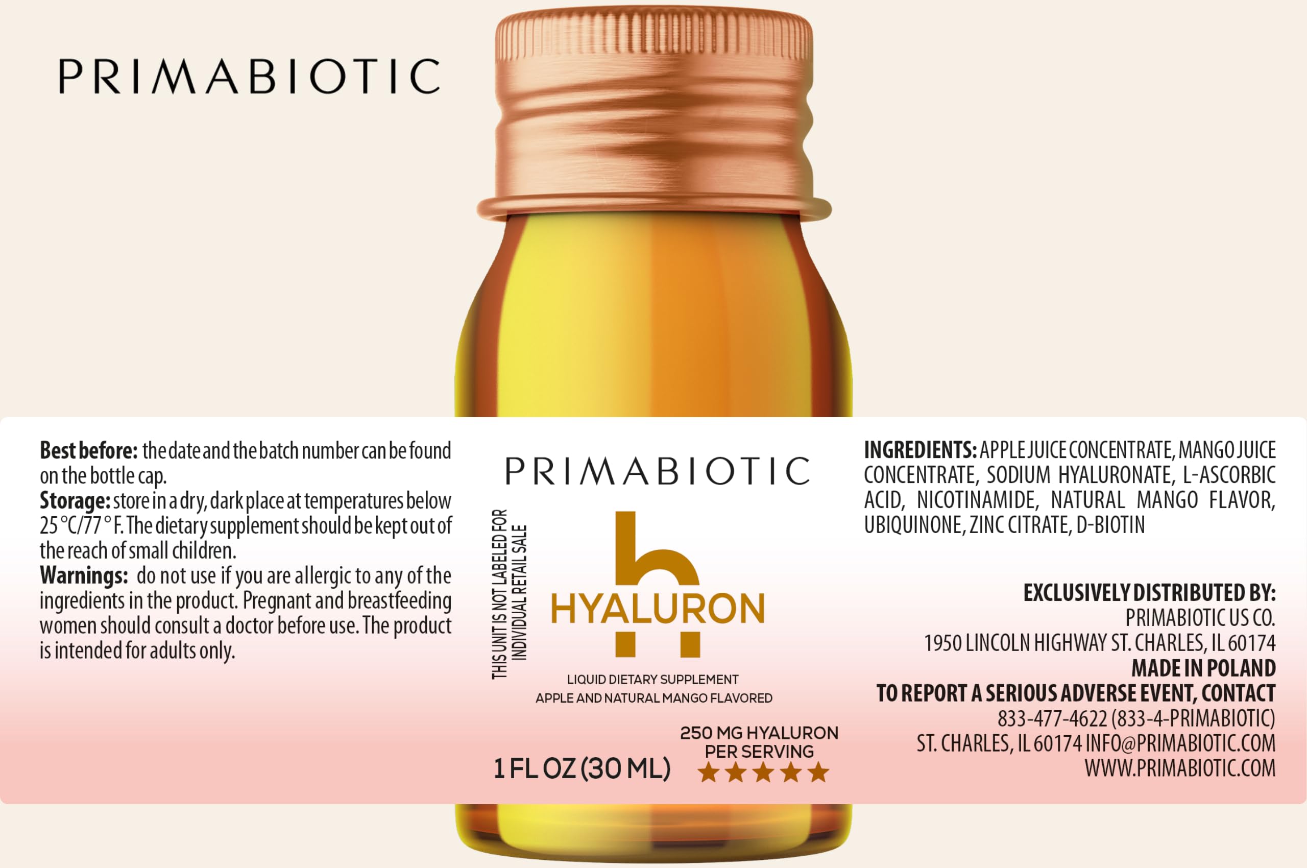 PRIMABIOTIC Hyaluronic Acid 250mg - Mango Flavor - Vegan, Deep Hydration, Anti-Aging and Skin Elasticity Support - Beauty Drink - Pack of 30 x 1 fl oz (30 mL) Bottles