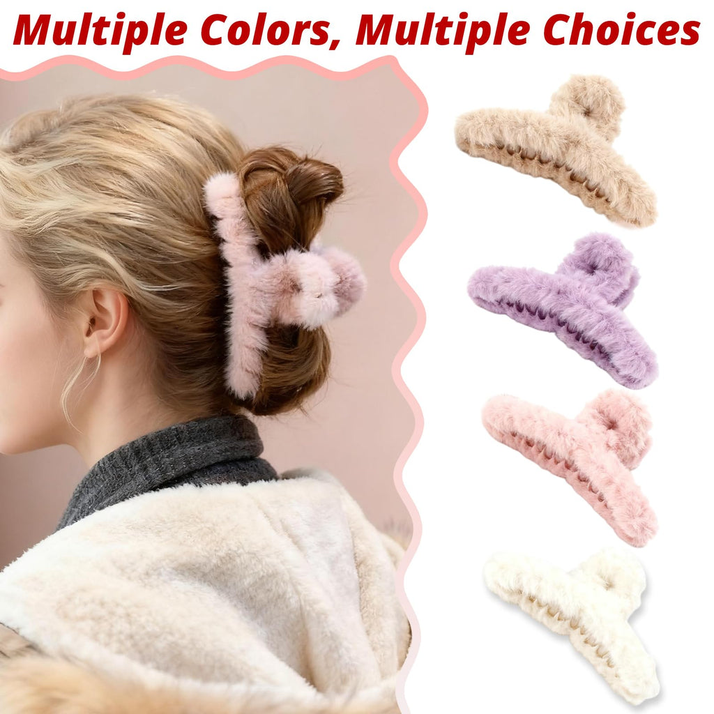 VinBee 4 PCS Faux Fur Hair Clips Large Plush Hair Catch Barrette Jaw Clamp for Women Girls Half Bun Hairpins for Thick Hair Cute Claw Clips Hair Accessories (4.5 Inch)