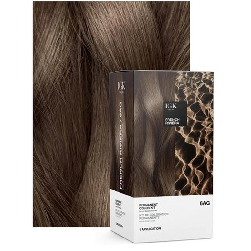 IGK Permanent Hair Dye Color Kit - 6AG French Riviera Light Beige Brown | 100% Gray Coverage & Shine, Ammonia-Free