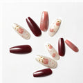ClawArts Chic Long Coffin Shape Hand-Painted Rose Floral Press on Nails in Burgundy and White, Golden Trim Accents, No Liquid Glue or UV Light Needed, Suitable for Office and Everyday Wear