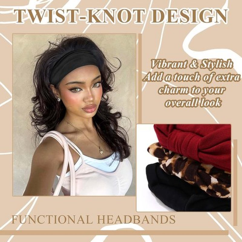 STGDAK Wide Headband Boho Head Bands For Women's Hair Band Burgundy Black Head Wraps Leopard Turban Knotted Headband Non Slip Sweatband Soft Hair Scarf Headbands 3 Pcs
