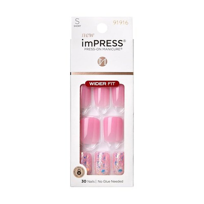 KISS imPRESS Press-On Nails - Dream It Up Design, Light Pink, Short Squoval Shape | 30 Nails & Accessories Included