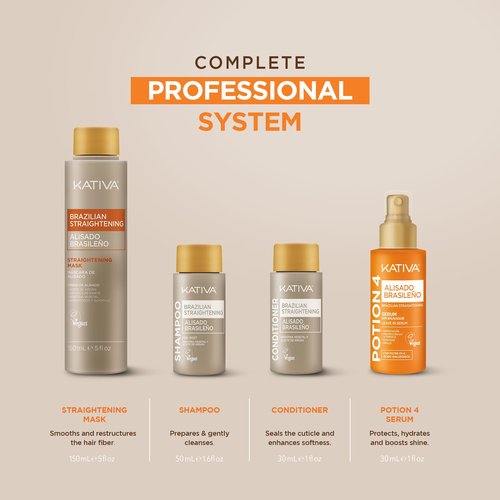 KATIVA Brazilian Keratin Straightening Kit - Alisado Brasileño Keratina + Potion 4 Heat Protectant Serum, Formaldehyde-Free Smoothing, Anti Frizz, Hyaluronic Acid, Argan Oil, Vegan, Up to 12 Weeks