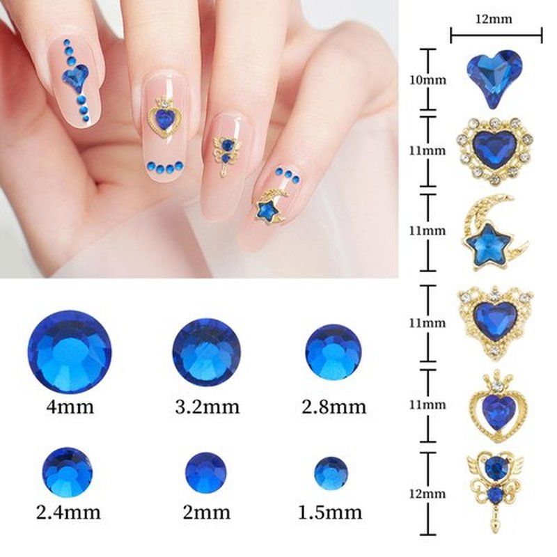 QIUTIMIY 30 PCs 3D Luxury Nail Art Charms + 650 PCs Rhinestones and Tweezers Kit Crystals Diamonds Jewelry Stones(Dark Blue)
