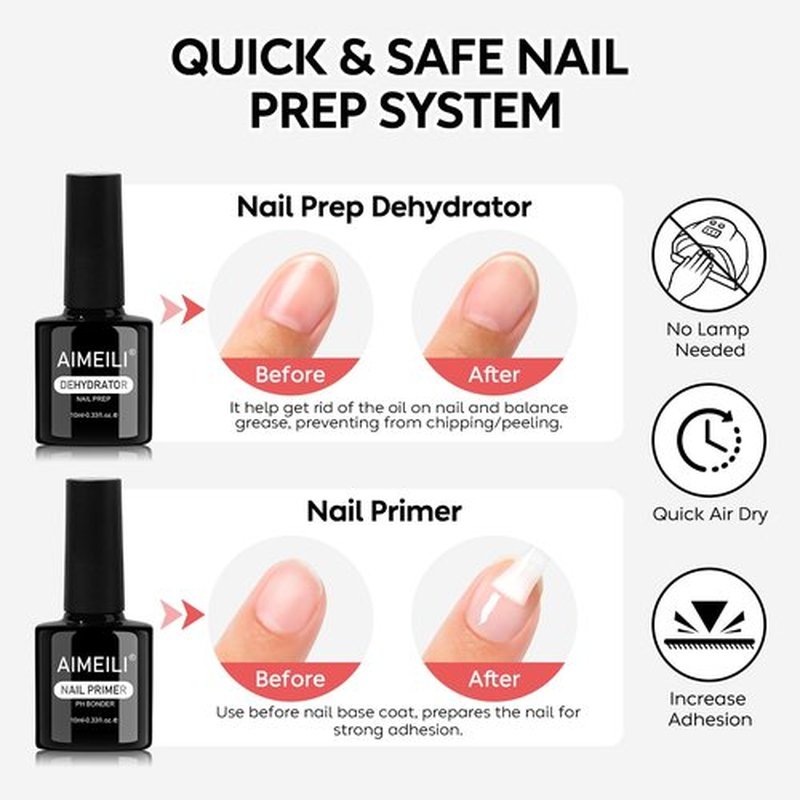 AIMEILI Nail Dehydrator and Primer with Gel Base & Top Coat Set, Hema Free, Cruelty Free, Vegan, Shine Finish and Long Lasting Gel Nail Polish Starter Kit