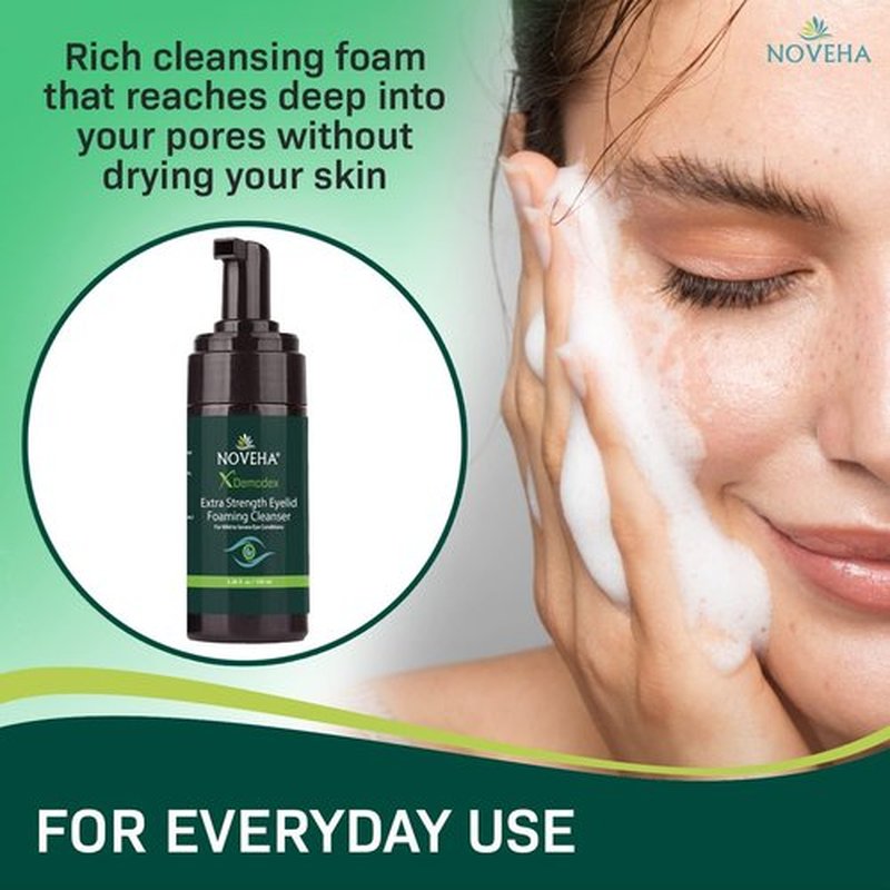 NOVEHA Demodex Eyelid Cleanser Foam | Extra Strength Tea Tree Oil Formula | Daily Face Wash For Eyelash, Demodex, MGD, Stye Eyes, Eye Irritations & Skin Dryness, 3.38 fl oz (3 Pack)