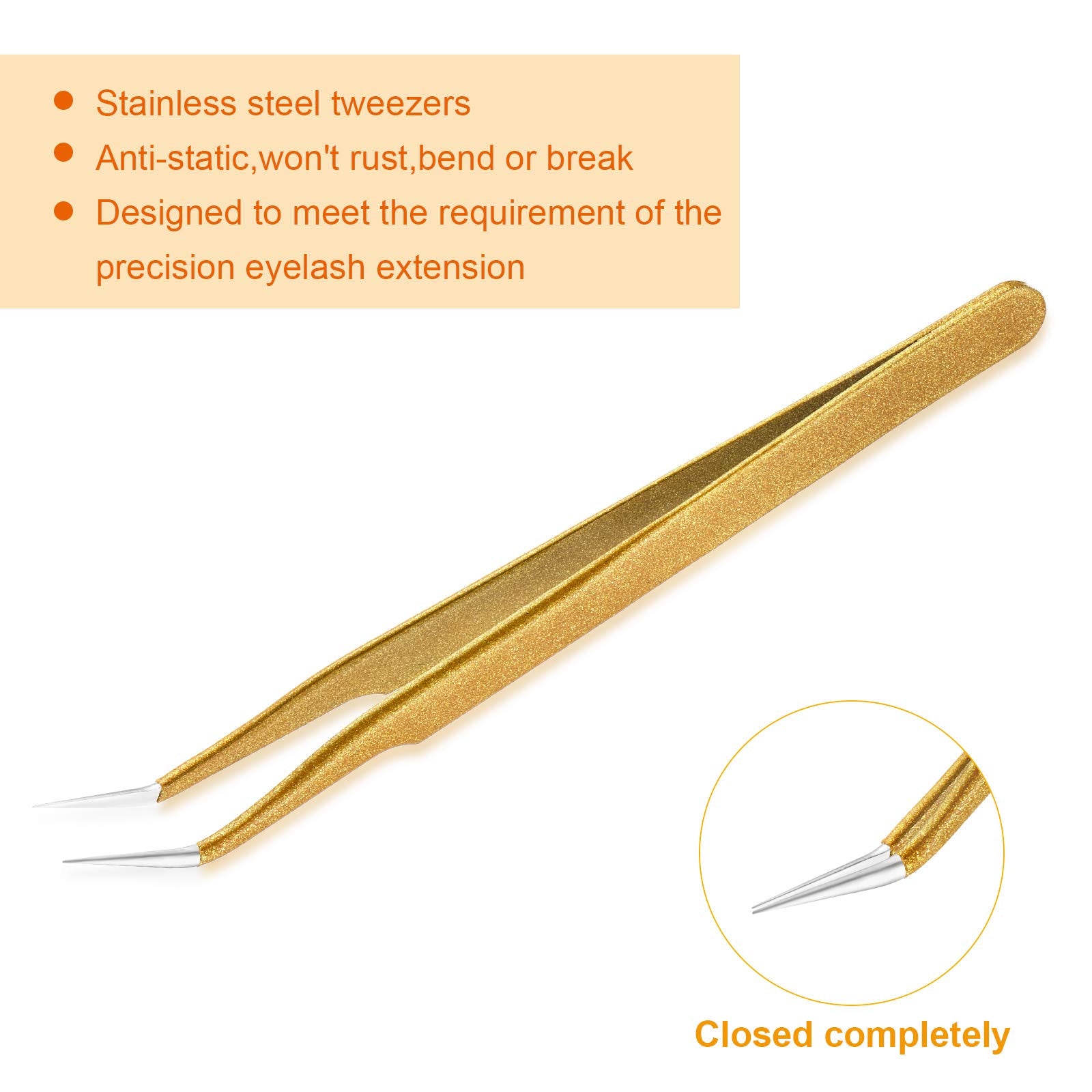 2 Pieces Straight and Curved Tip Tweezers Eyelash Extension Tweezers, Stainless Steel False Lash Application Tools (Gold)