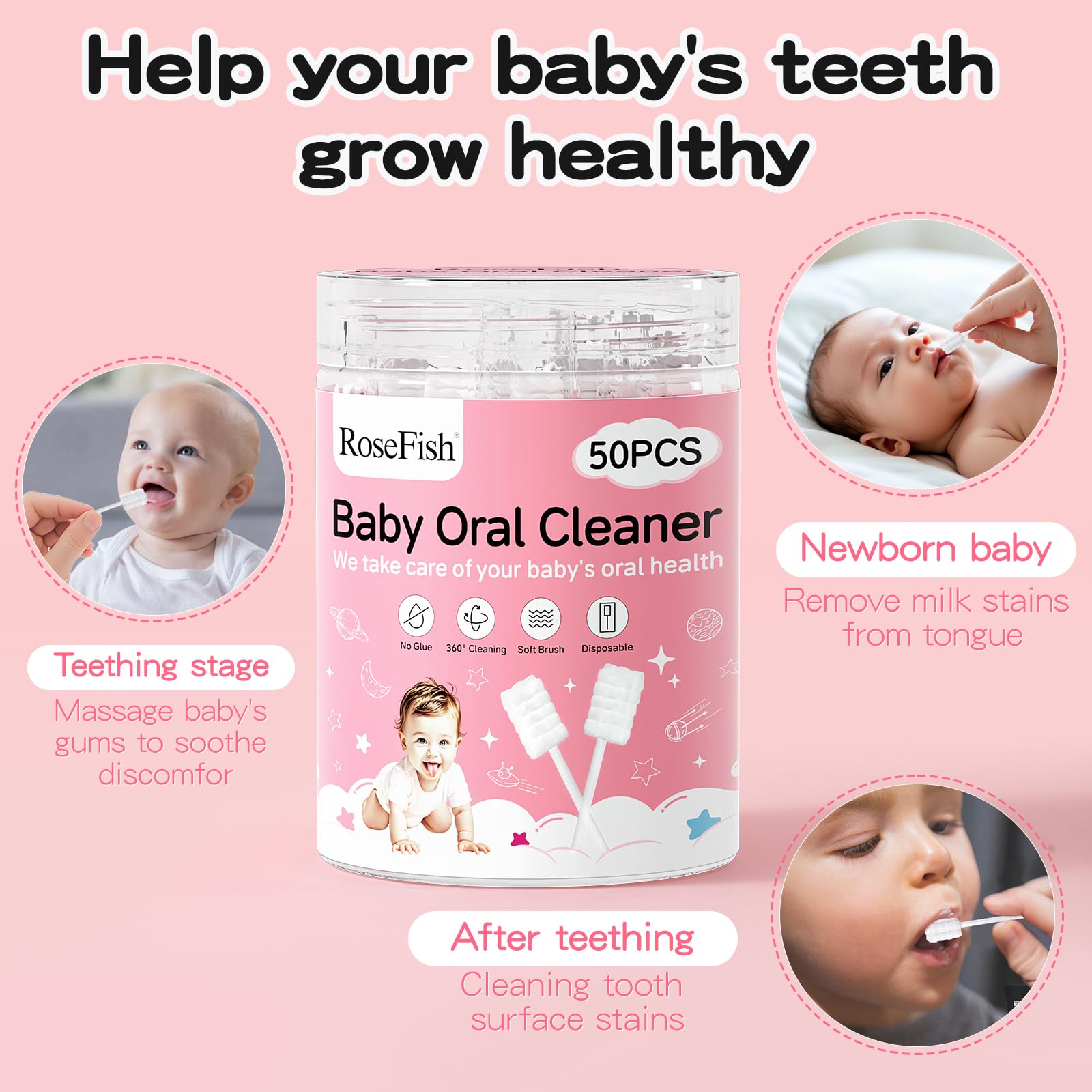 RoseFish 50Pcs Baby Tongue Cleaner for 0-36 Month No Glue Disposable Baby Mouth Oral Cleaner Infant Toothbrush Gum Cleaner 3D Soft Infant Tongue Cleaner+1PCS Finger Toothbrush