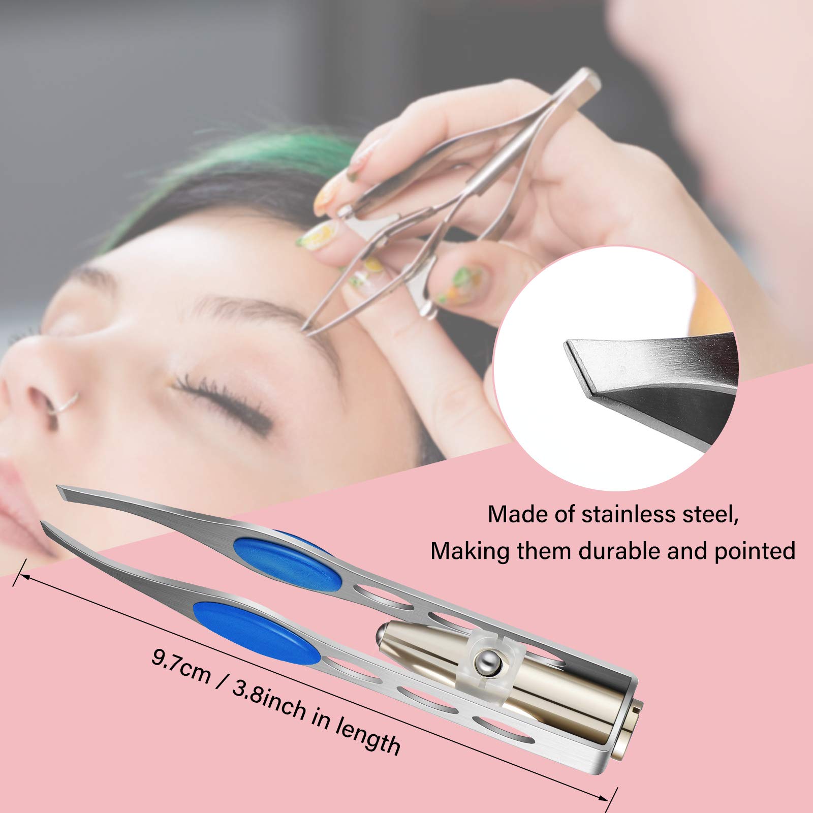 Tatuo 6 Pcs Light Stainless Steel Tweezers with LED, Makeup Eyelash Eyebrow Hair Removal Illuminating Lighted Tweezers for Precision Men Women(Red, Purple, Dark Blue)