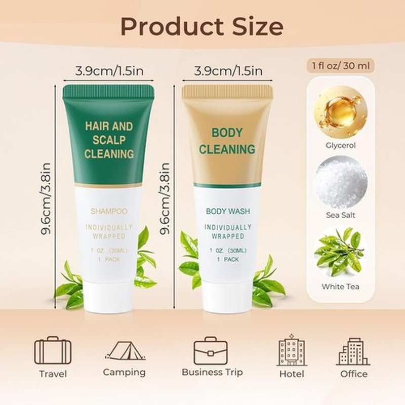 Skiennix Travel Size Shampoo & Body Wash - Mini Shower Gel Amenities for Hotels | 1 Fl Oz (Pack of 100)