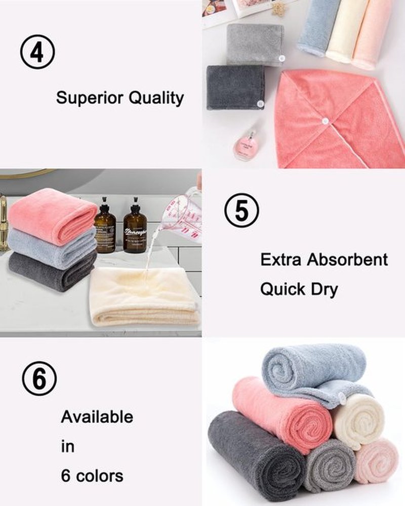 Microfiber Hair Towel Wrap for Women 6 Pack - Ultra Absorbent Fast Drying Turban with Button Closure, Anti-Frizz Design for Curly/Straight Hair, Lightweight & Machine Washable 25x65cm (6 Colors)
