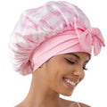 GDTOGRT Satin Silk Bonnet for Sleeping Women, Double Layer Sleep Hair Bonnets Caps for Curly Natural Hair with Tie Band - Pink Stripe
