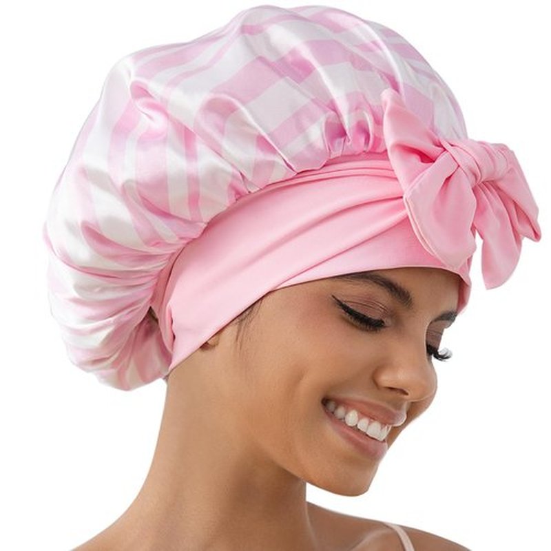 GDTOGRT Satin Silk Bonnet for Sleeping Women, Double Layer Sleep Hair Bonnets Caps for Curly Natural Hair with Tie Band - Pink Stripe