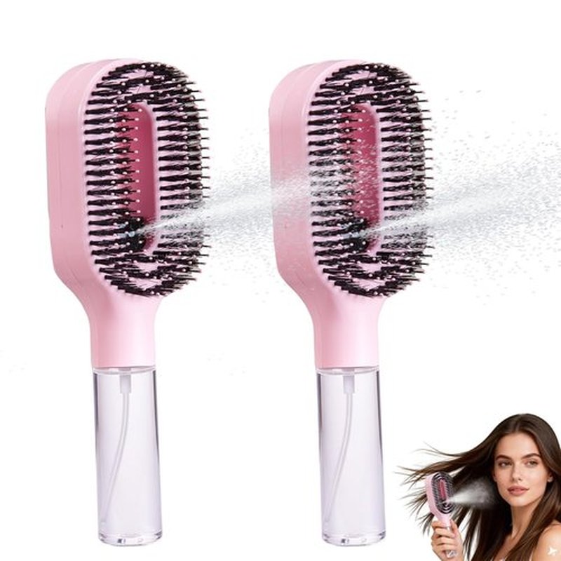 Hair Brush with Water Spray Mister - 2-in-1 Detangling Brush with Built-in Fine Mist, Portable Wet & Dry Styling Tool for Smooth, Frizz-Free Hair - Quick Refresh for Women & Girls On-The-Go(2pcs pink)