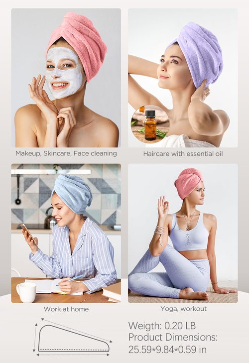 Hicober Microfiber Hair Towel, 3 Packs Hair Turbans for Wet Hair, Drying Hair Wrap Towels for Curly Hair Women Anti Frizz (Pink,Blue,Purple)