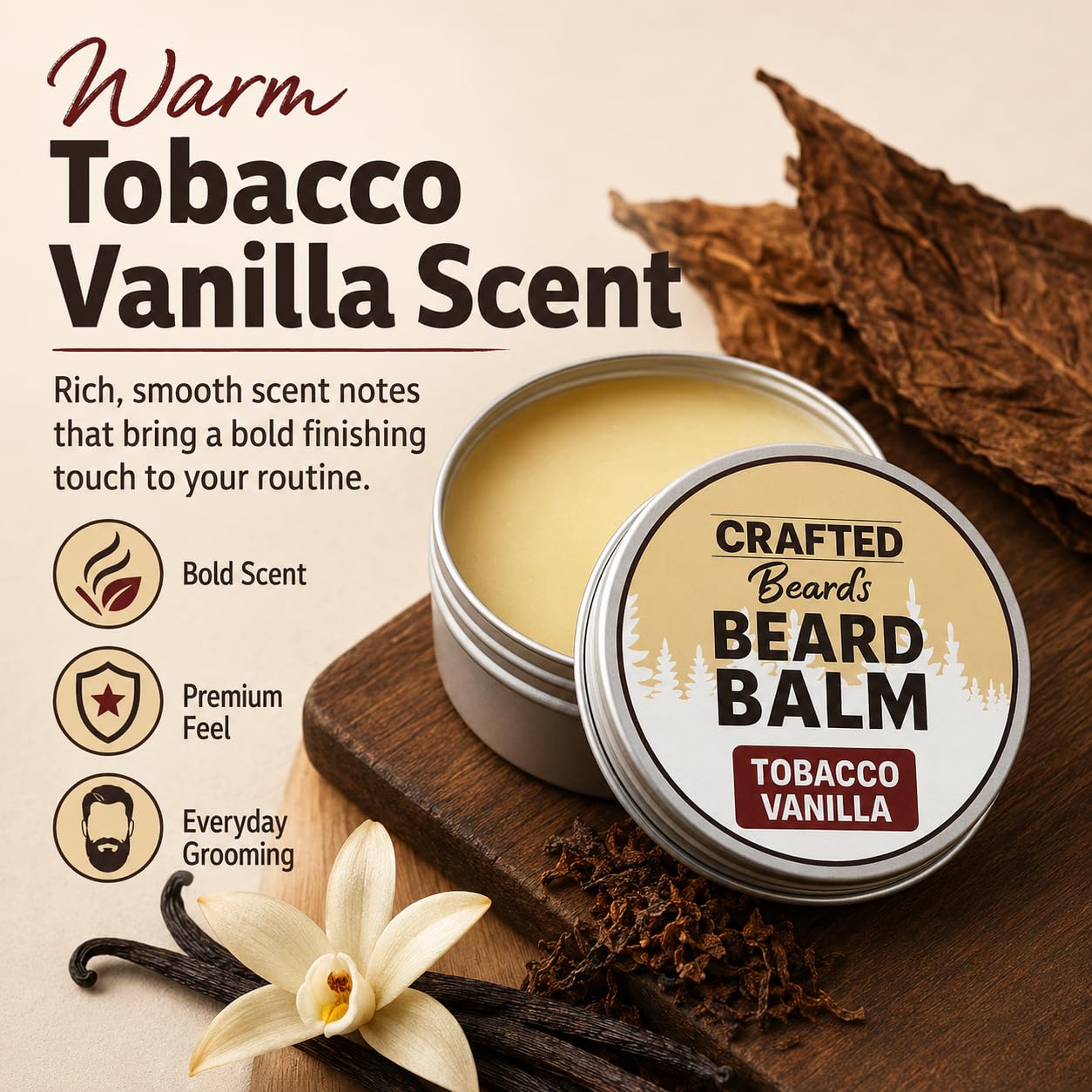 Crafted Beards Beard Balm - Tobacco Vanilla Scent - 2oz Tin - Beard Wax - Light Hold - (TV)