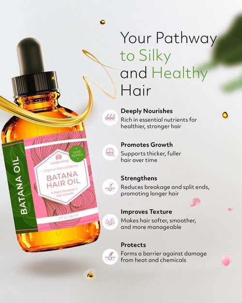 Leven Rose Organic Batana Oil Hair Serum for Hair Growth, 2 oz - Repairs Split Ends, Dry Damaged Hair, Supports Collagen Production, Chemical Free Scent, Simple Application