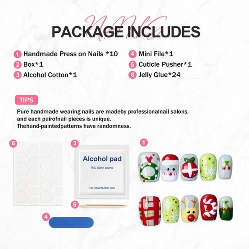 Handmade Christmas Press on Nails Thick Short Square False Nails with Xmas Reindeer Santa Claus Candy Cane Designs Muti-Layer Gel False Nails Full Cover Glitter Acrylic Nails for Women (Size S)