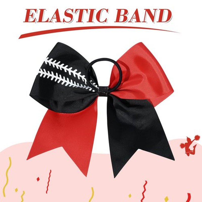 DEEKA 12 PCS Softball Cheer Bows with 2 Glitter Stitching Two Toned Cheerleader Team Bows Elastic Band for Softball Sports Girls (Red/Black+White Stitching)