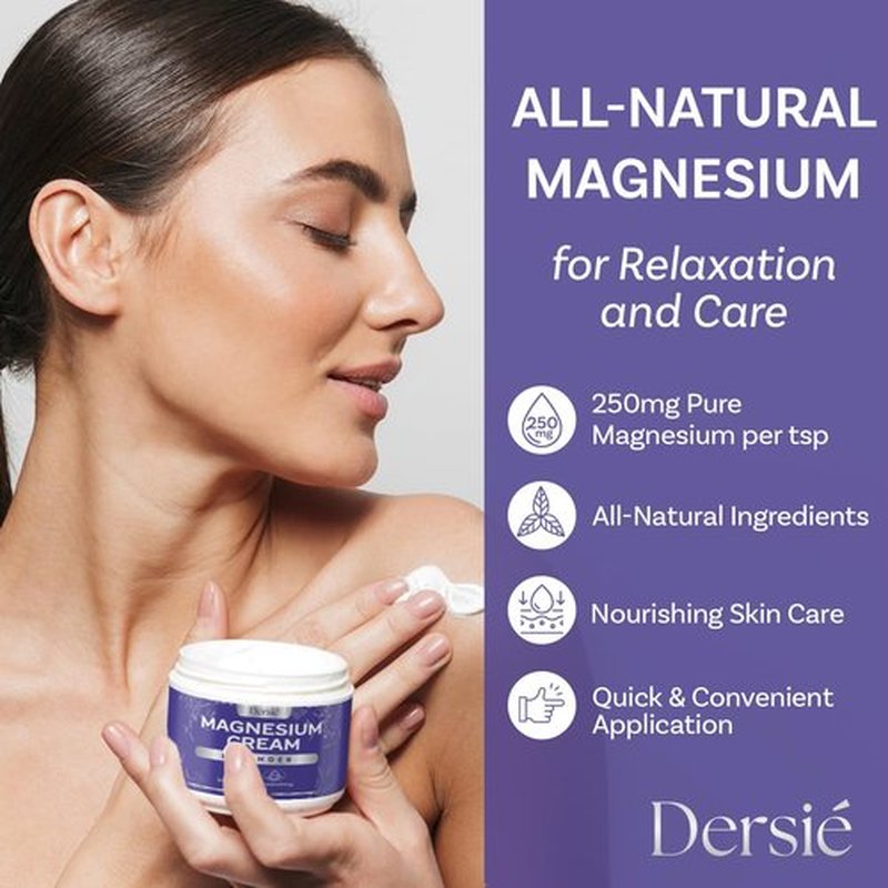 Dersie Magnesium Cream for Sleep & Leg Cramps – Total Relief Magnesium Cream with Lavender, Grape & Camellia Seed Oil – Hydrating & Soothing Body Cream for Men, Women & Kids (4 fl oz)