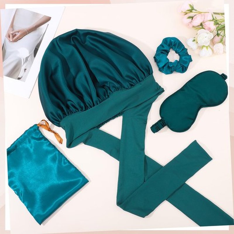 Satin Bonnet Set, Hair Bonnet for Sleeping Silk Bonnet with Eye Mask for Women Curly Hair, Peacock Blue