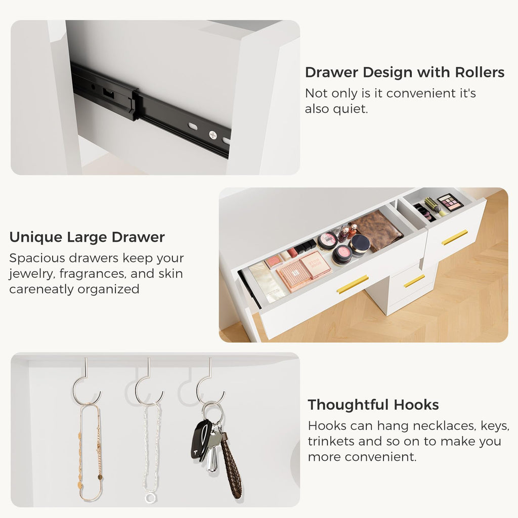 HABIUBIU 35 Small Vanity Desk with Mirror and Lights,10 Lights,3 Color Modes,Makeup Vanity Desk with 4 Storage Shelves 4 Drawers and Power Outlet,White vanitys-New Upgraded Quality