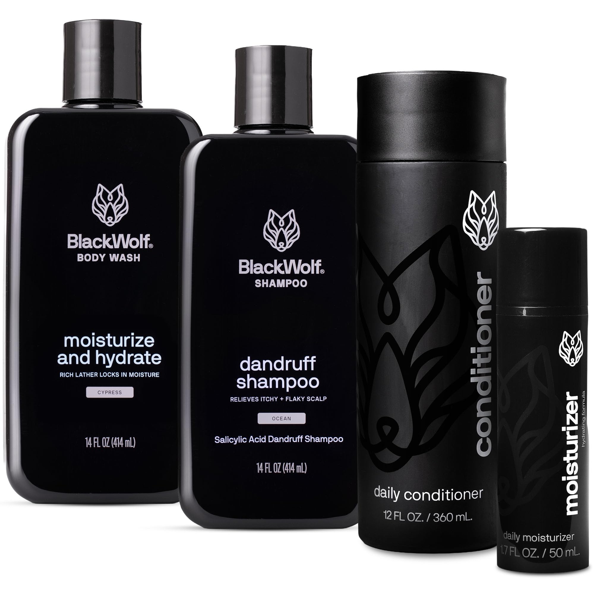 Black Wolf 4-Piece Skincare and Hair Gift Set for Men – Anti-Dandruff Shampoo, Moisturizing Body Wash, Face Moisturizer, Daily Conditioner - Skin Care Kit for All Dry Types