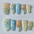 NSSHEL 30 Pcs Medium Almond Art Deco Press-On False Nails with Flower & Droplet Designs Summer Starfish Full Cover French Tip Gradient Acrylic Nails Glue-On Nails for Women