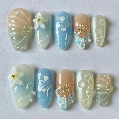 NSSHEL 30 Pcs Medium Almond Art Deco Press-On False Nails with Flower & Droplet Designs Summer Starfish Full Cover French Tip Gradient Acrylic Nails Glue-On Nails for Women
