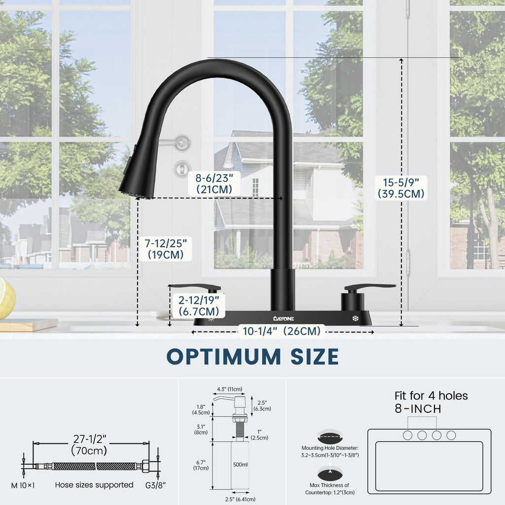 DAYONE Black 2 Handle Kitchen Faucet with Sprayer, 4 Holes Pull Down Faucets for Kitchen Sink with Soap Dispenser Stainless Steel