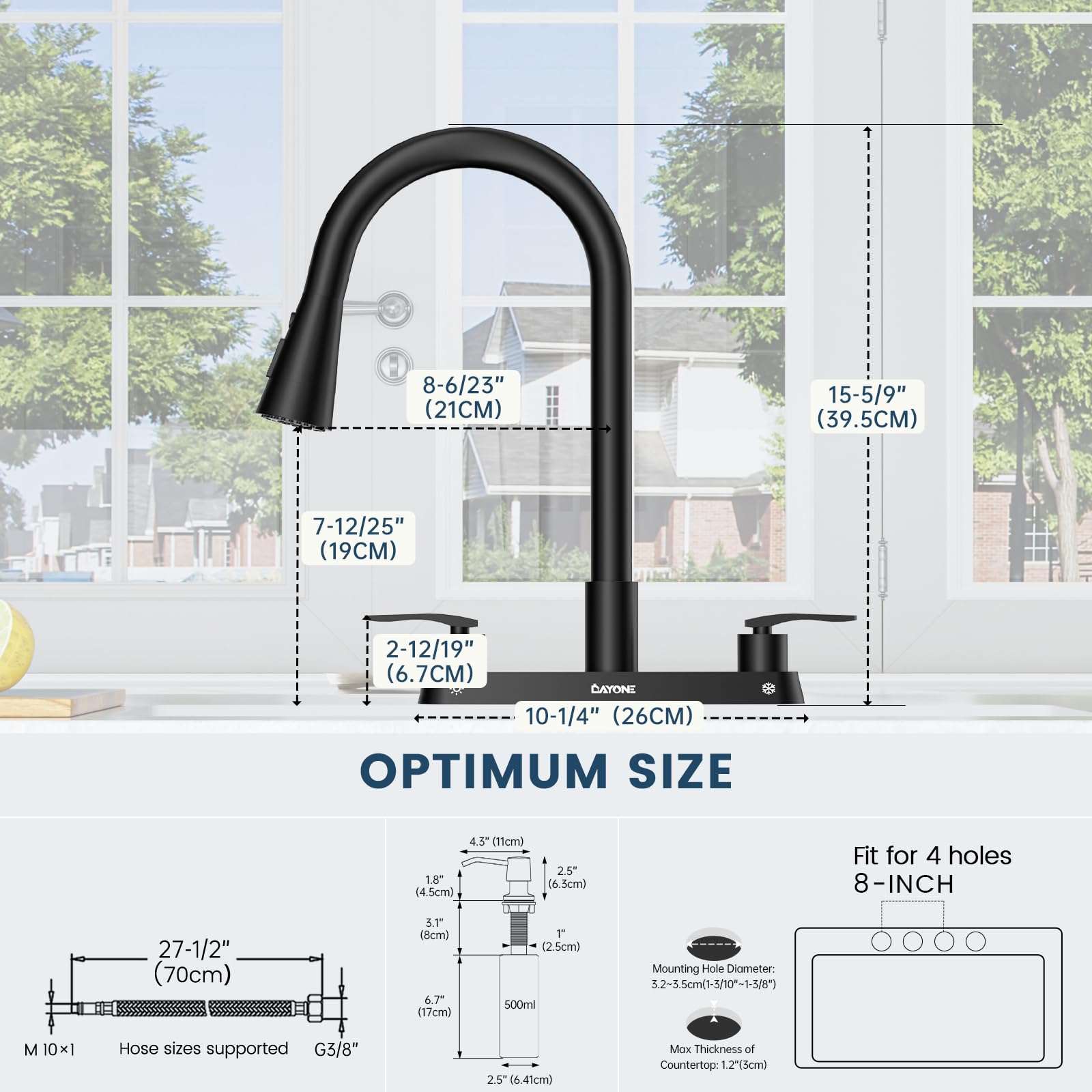 DAYONE Black 2 Handle Kitchen Faucet with Sprayer, 4 Holes Pull Down Faucets for Kitchen Sink with Soap Dispenser Stainless Steel