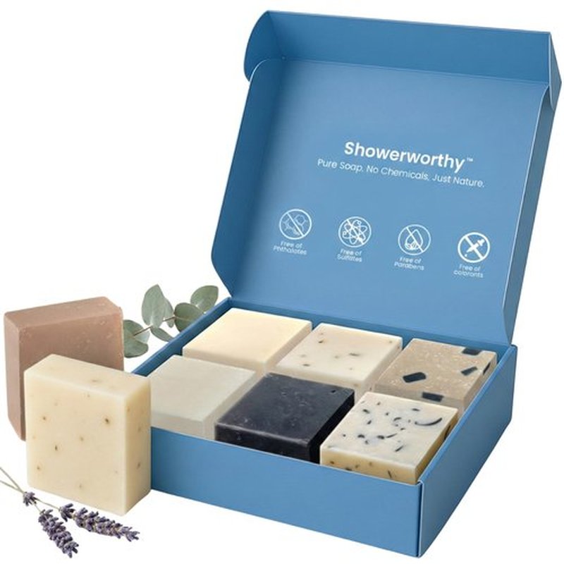 Showerworthy Plant Based Organic Bar Soap Gift Set Handmade in USA – 8 Natural Soap Bars for Men & Women – Cold Process With Essential Oils for Moisturizing Dry & Sensitive Skin 8 Scents 5 oz Each