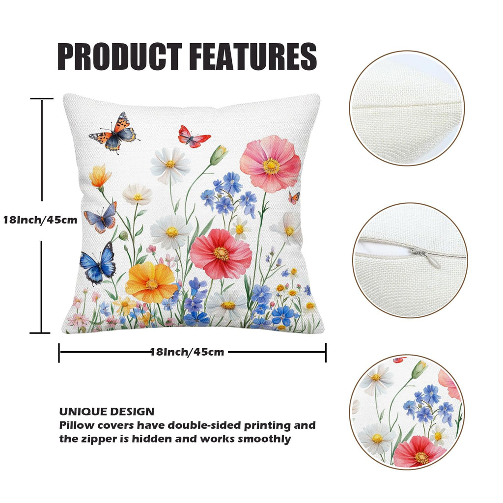 UZFNY 4th of July Patriotic Pillow Covers Set of 2 18x18 Inch American Blue Red Flowers & Butterflies Throw Pillow Cover Independence Day Memorial Day Outdoor Farmhouse Pillow Cases for Home Couch