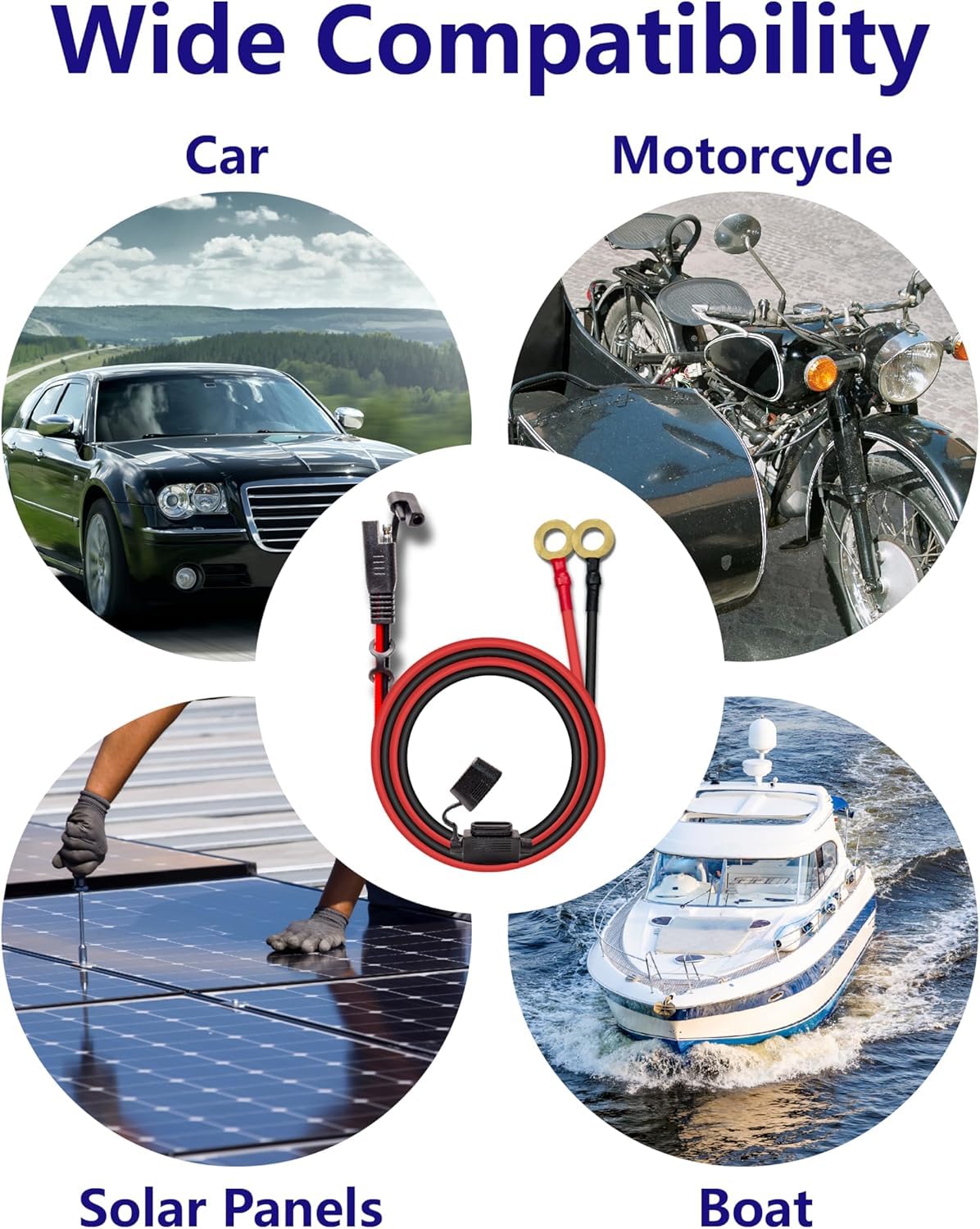 10AWG 2FT Charger Cable, SAE to O Ring Terminal Quick Disconnect Harness, 2 Pin SAE Connector Extension Cables Cord with 15& 20A Fuse for Car, Motorcycle, Solar Panel
