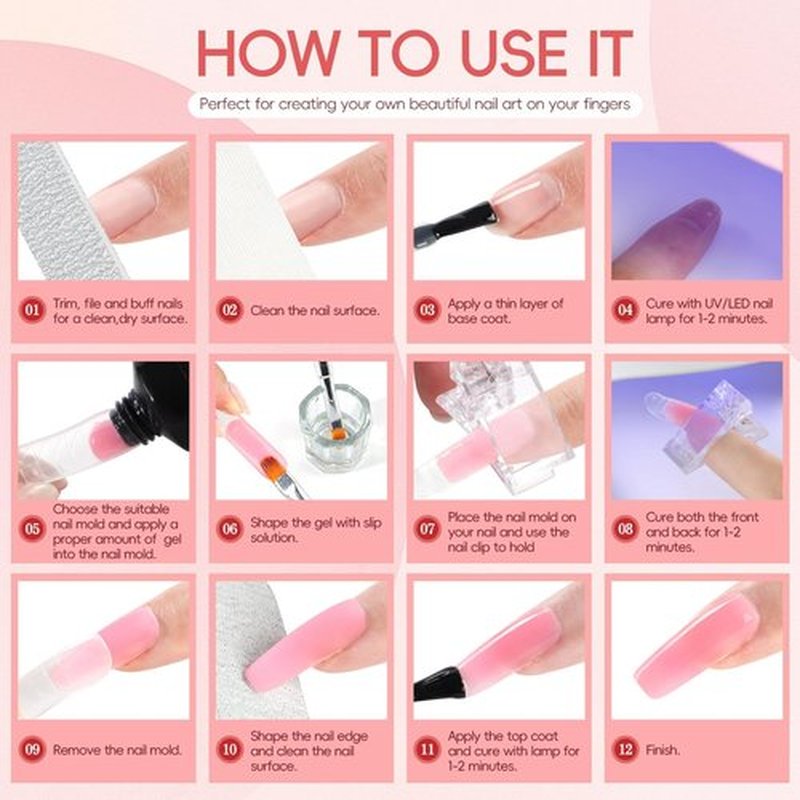 PEACECOLOR Poly Nail Gel Kit, 15 Colors Poly Nail Extension Gel with Nail Lamp Slip Solution Nail Starter Kit with Base Top Coat Manicure DIY Nail Art Salon Kit