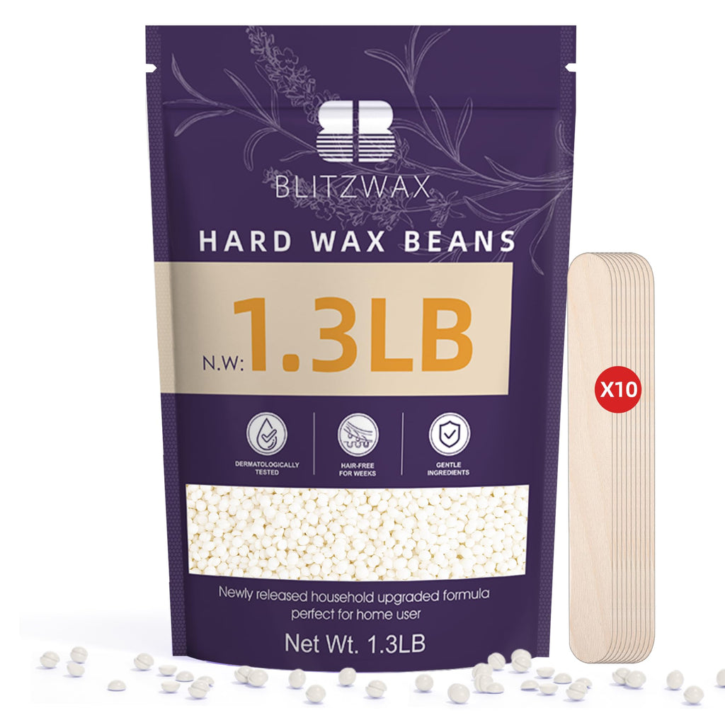 BLITZWAX Hair Removal Hard Wax Beads Unscented 1.3lb Waxing Beans Kit with 10 Wooden Sticks for Sensitive Skin, Face, Back, Body, Brazilian and Coarse Hair, Home Wax Pearls for Men Women, White