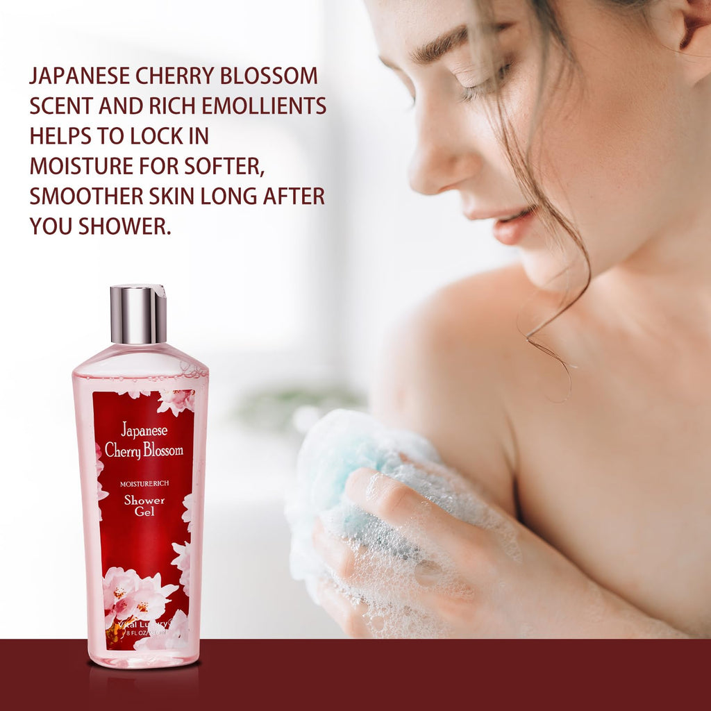 Vital Luxury Japanese Cherry Blossom Bath and Body Set Shower Gel and Body Cream - Nourishing and Moisturizing Daily Skincare - 8 fl.oz / 236mL Each, Birthday Anniversary Wedding Gifts for Her and Him