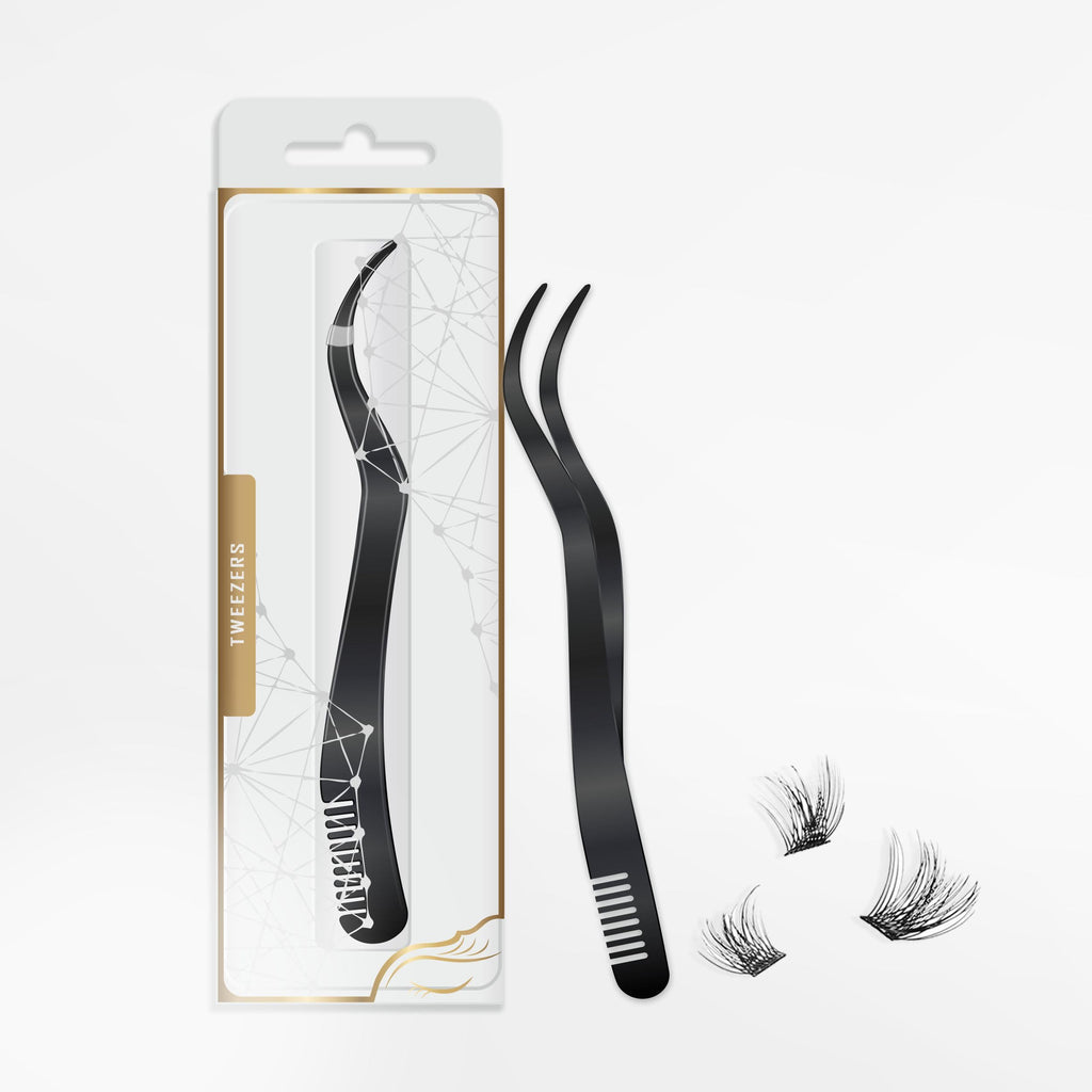 2 in 1 Lash Extension Tweezers with Comb, Stainless Steel Elbow Eyelash Extension Tweezers, Eyelash Tweezers for Lash Extensions, Precise Eyebrow Tweezers Tool for DIY False Eyelashes Clusters, Black