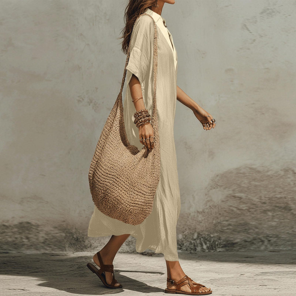 Linen Dress Women Casual Short Sleeve Fashion Beach Dresses V-Neck Lightweight Split Flowy Sundresses