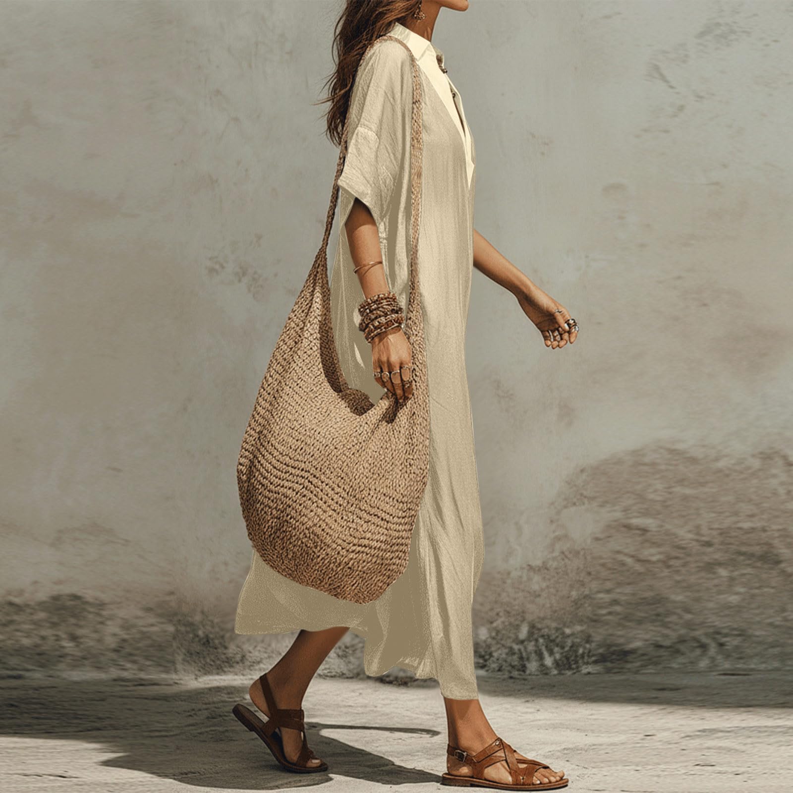 Linen Dress Women Casual Short Sleeve Fashion Beach Dresses V-Neck Lightweight Split Flowy Sundresses