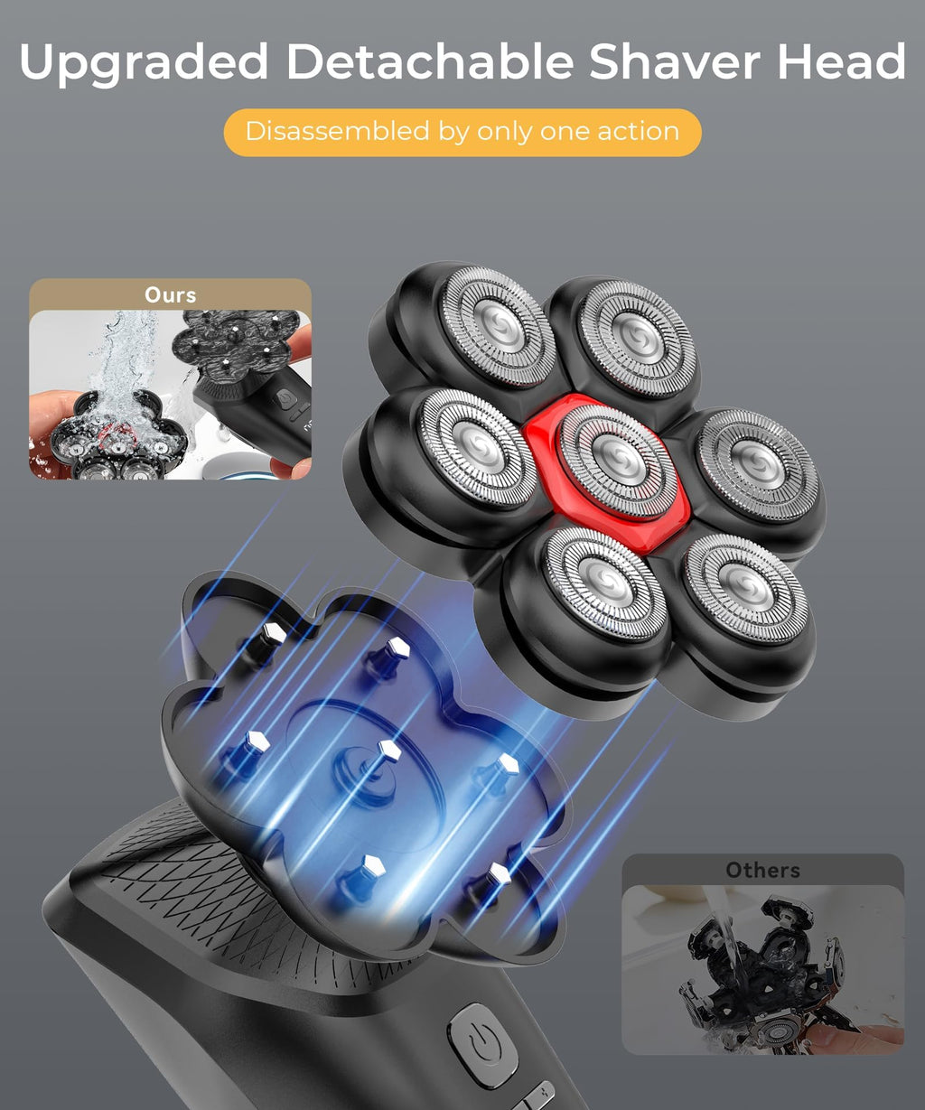 Head Shavers for Bald Men, Magnetic 7D Electric Razor IPX8 Waterproof for Bald Men, Wet/Dry LED Display Rechargeable Rotary Shaver 5 in 1 Grooming Kit with USB-C Charge