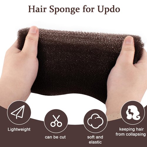 Hair Bumps for Volume Insert, Hair Sponge for Updo - Hair Mesh Filling Padding for Women - Bobby Pins - U Shape Hair Pin, Comb and Plastic Clips, Brown